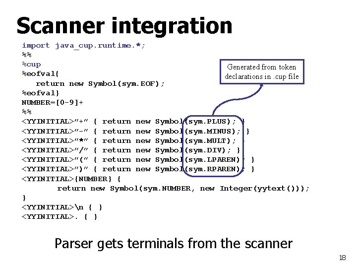 Scanner integration import java_cup. runtime. *; %% %cup Generated from token %eofval{ declarations in.