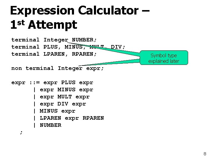 Expression Calculator – 1 st Attempt terminal Integer NUMBER; terminal PLUS, MINUS, MULT, DIV;