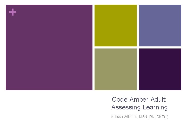 + Code Amber Adult: Assessing Learning Malissa Williams, MSN, RN, DNP(c) 