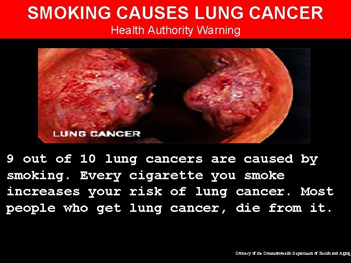 SMOKING CAUSES LUNG CANCER Health Authority Warning 9 out of 10 lung cancers are