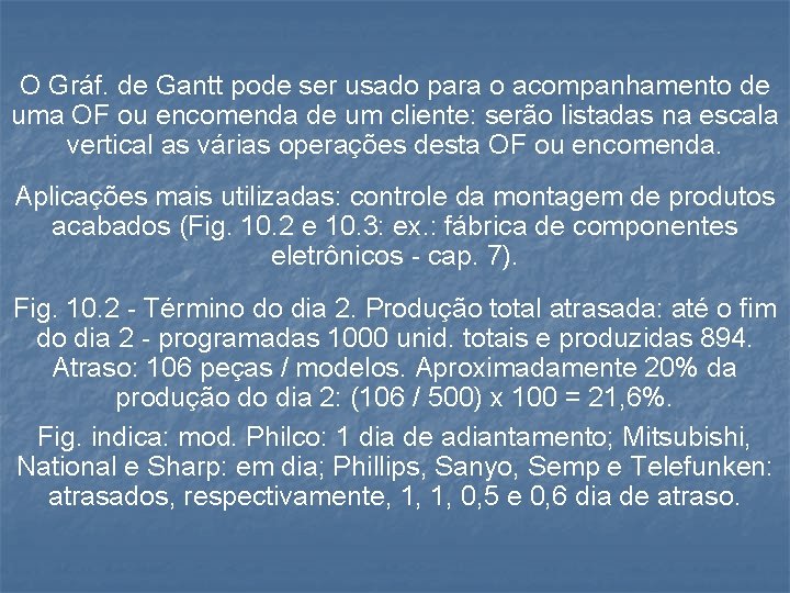 O Gráf. de Gantt pode ser usado para o acompanhamento de uma OF ou