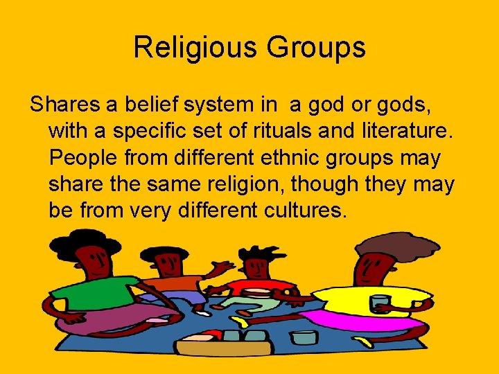 Religious Groups Shares a belief system in a god or gods, with a specific