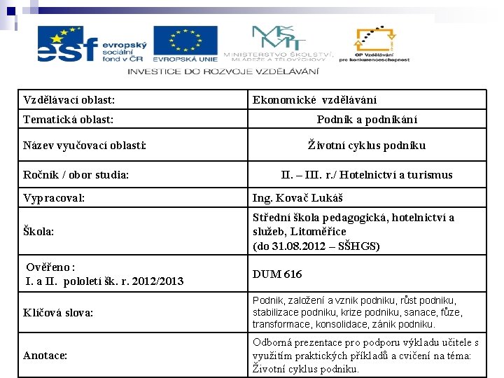 Vzdělávací oblast: Ekonomické vzdělávání Tematická oblast: Podnik a podnikání Název vyučovací oblasti: Ročník /