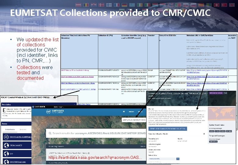 EUMETSAT Collections provided to CMR/CWIC • • We updated the list of collections provided