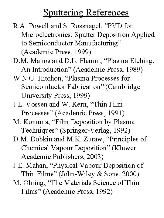 Sputtering References R. A. Powell and S. Rossnagel, “PVD for Microelectronics: Sputter Deposition Applied