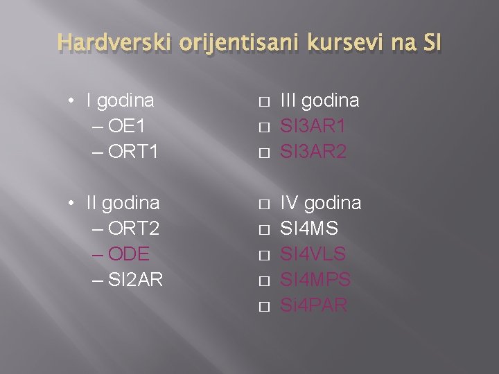 Hardverski orijentisani kursevi na SI • I godina – OE 1 – ORT 1