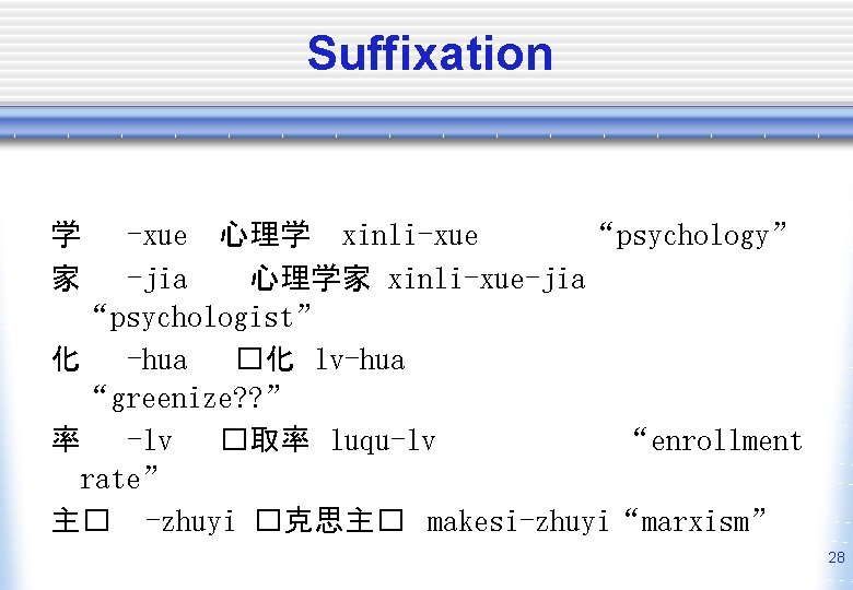 Suffixation 学 -xue 心理学 xinli-xue “psychology” 家 -jia 心理学家 xinli-xue-jia “psychologist” 化 -hua �化