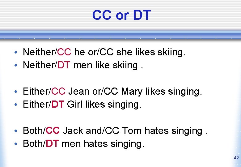 CC or DT • Neither/CC he or/CC she likes skiing. • Neither/DT men like