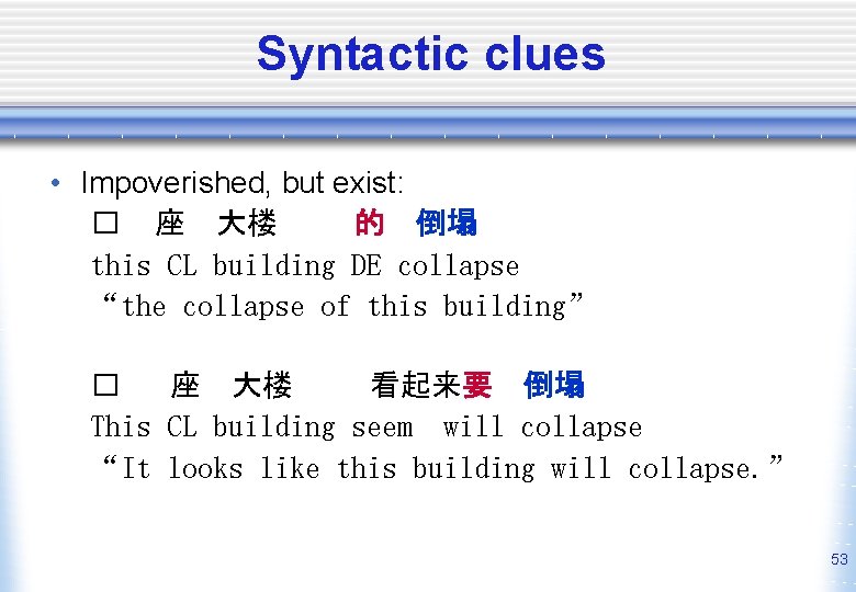Syntactic clues • Impoverished, but exist: � 座 大楼 的 倒塌 this CL building