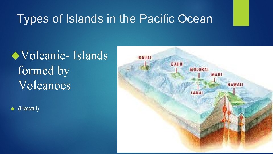 Types of Islands in the Pacific Ocean Volcanic- formed by Volcanoes (Hawaii) Islands 