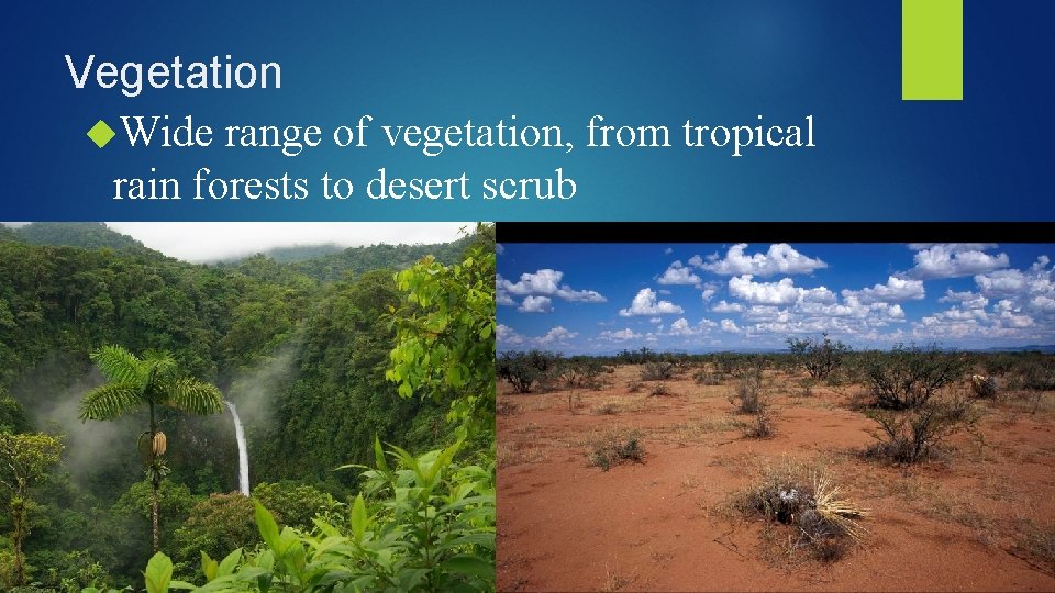 Vegetation Wide range of vegetation, from tropical rain forests to desert scrub 