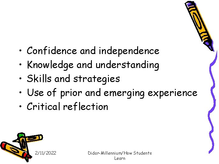 • • • Confidence and independence Knowledge and understanding Skills and strategies Use • • • Confidence and independence Knowledge and understanding Skills and strategies Use