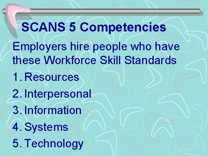 SCANS 5 Competencies Employers hire people who have these Workforce Skill Standards 1. Resources