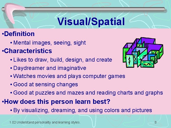 Visual/Spatial • Definition • Mental images, seeing, sight • Characteristics • Likes to draw,
