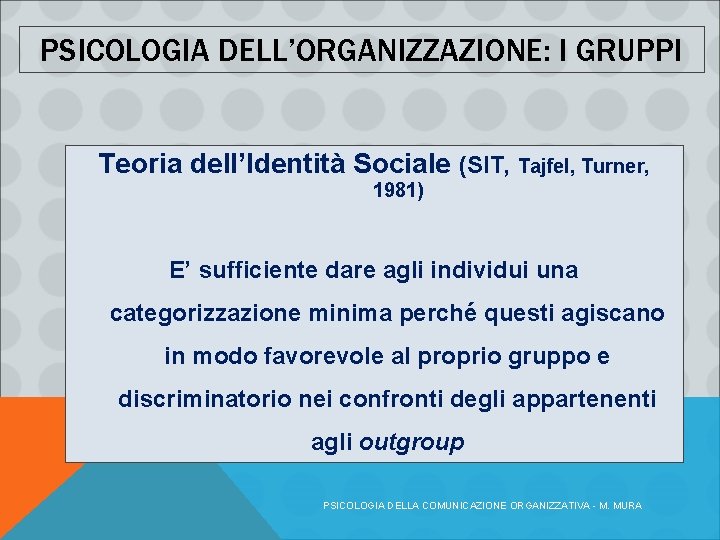 PSICOLOGIA DELL’ORGANIZZAZIONE: I GRUPPI Teoria dell’Identità Sociale (SIT, Tajfel, Turner, 1981) E’ sufficiente dare