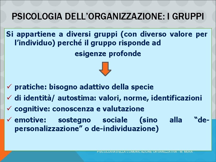 PSICOLOGIA DELL’ORGANIZZAZIONE: I GRUPPI Si appartiene a diversi gruppi (con diverso valore per l’individuo)