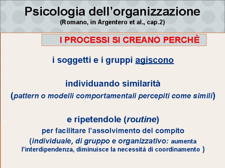 Psicologia dell’organizzazione (Romano, in Argentero et al. , cap. 2) I PROCESSI SI CREANO