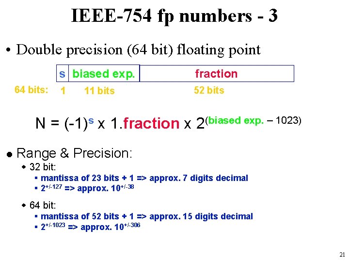 IEEE-754 fp numbers - 3 • Double precision (64 bit) floating point 64 bits: