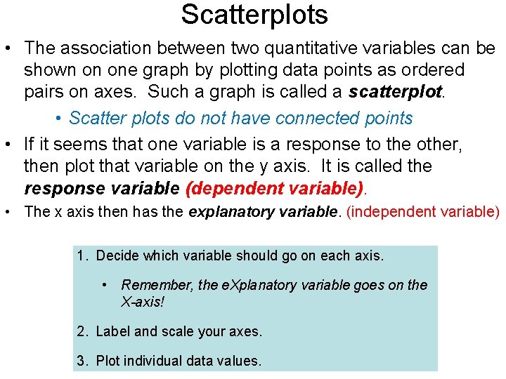 Scatterplots • The association between two quantitative variables can be shown on one graph