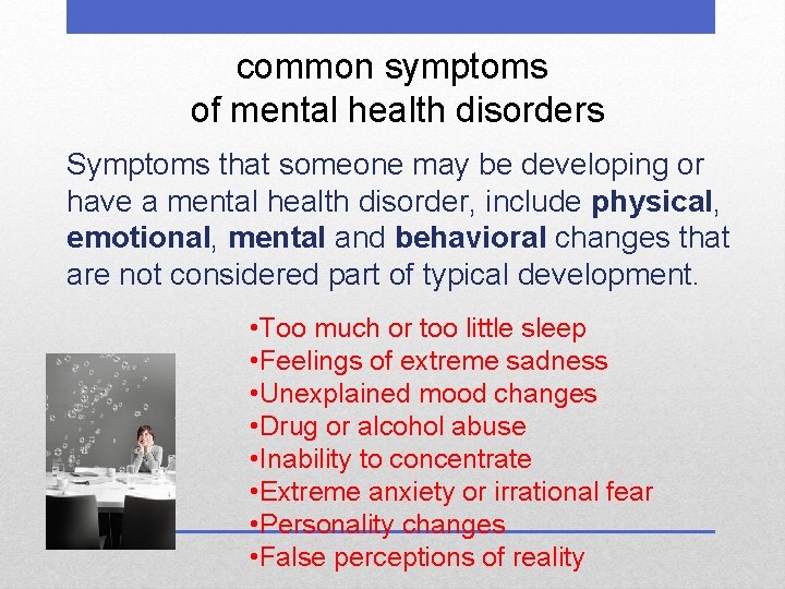 common symptoms of mental health disorders Symptoms that someone may be developing or have