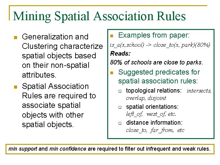 Mining Spatial Association Rules n n Generalization and Clustering characterize spatial objects based on