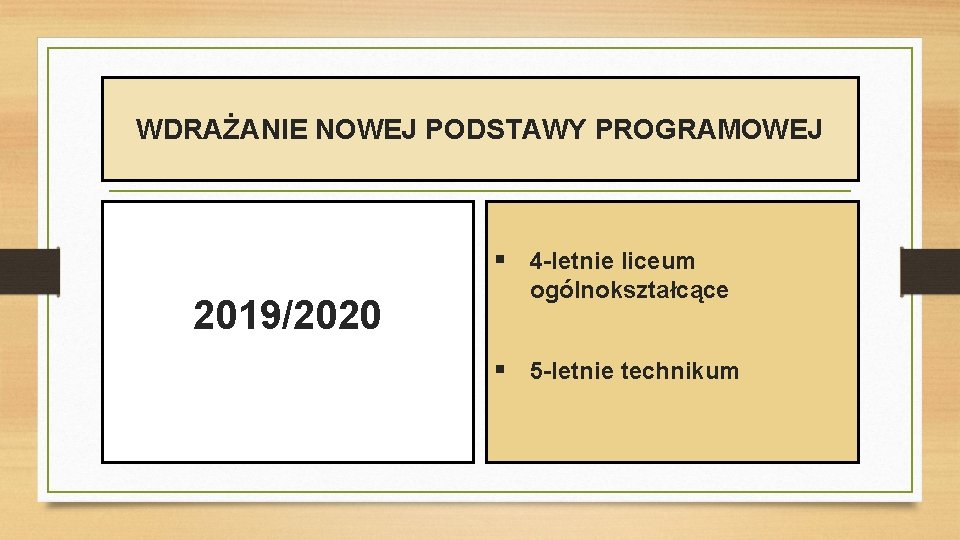 WDRAŻANIE NOWEJ PODSTAWY PROGRAMOWEJ § 4 -letnie liceum 2019/2020 ogólnokształcące § 5 -letnie technikum