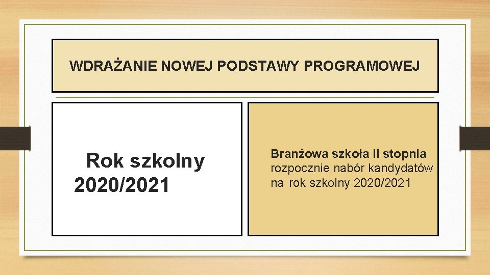 WDRAŻANIE NOWEJ PODSTAWY PROGRAMOWEJ Rok szkolny 2020/2021 Branżowa szkoła II stopnia rozpocznie nabór kandydatów