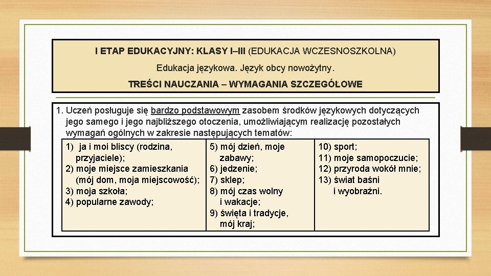 I ETAP EDUKACYJNY: KLASY I–III (EDUKACJA WCZESNOSZKOLNA) Edukacja językowa. Język obcy nowożytny. TREŚCI NAUCZANIA