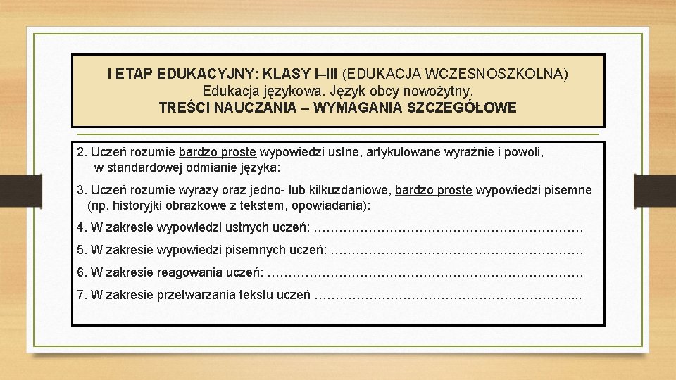 I ETAP EDUKACYJNY: KLASY I–III (EDUKACJA WCZESNOSZKOLNA) Edukacja językowa. Język obcy nowożytny. TREŚCI NAUCZANIA