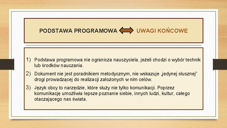 PODSTAWA PROGRAMOWA UWAGI KOŃCOWE 1) Podstawa programowa nie ogranicza nauczyciela, jeżeli chodzi o wybór