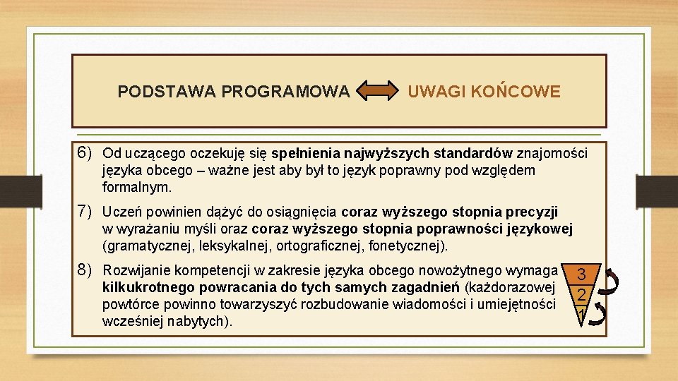 PODSTAWA PROGRAMOWA UWAGI KOŃCOWE 6) Od uczącego oczekuję się spełnienia najwyższych standardów znajomości języka