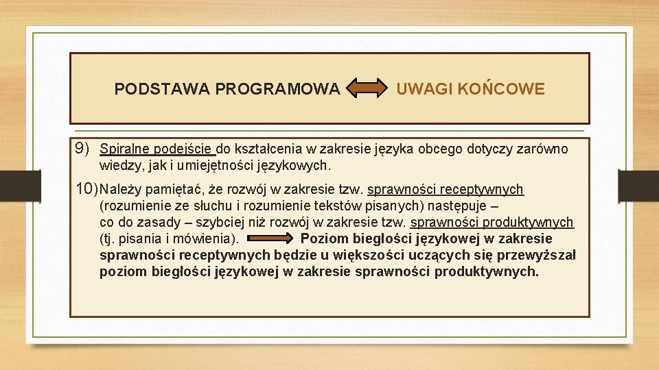 PODSTAWA PROGRAMOWA UWAGI KOŃCOWE 9) Spiralne podejście do kształcenia w zakresie języka obcego dotyczy