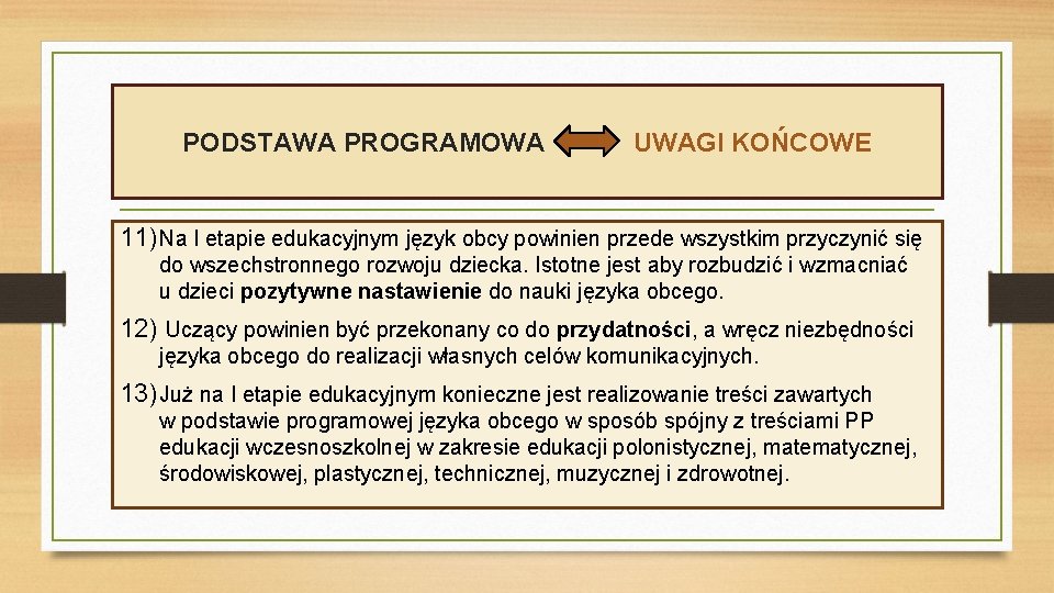 PODSTAWA PROGRAMOWA UWAGI KOŃCOWE 11) Na I etapie edukacyjnym język obcy powinien przede wszystkim