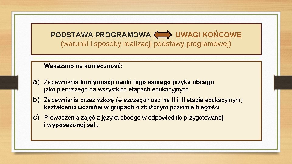 PODSTAWA PROGRAMOWA UWAGI KOŃCOWE (warunki i sposoby realizacji podstawy programowej) Wskazano na konieczność: a)