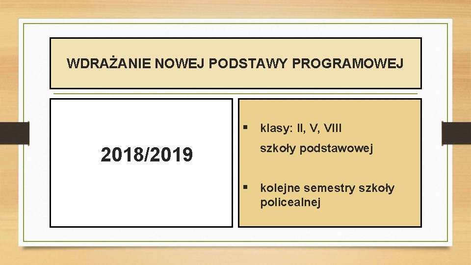 WDRAŻANIE NOWEJ PODSTAWY PROGRAMOWEJ § klasy: II, V, VIII 2018/2019 szkoły podstawowej § kolejne