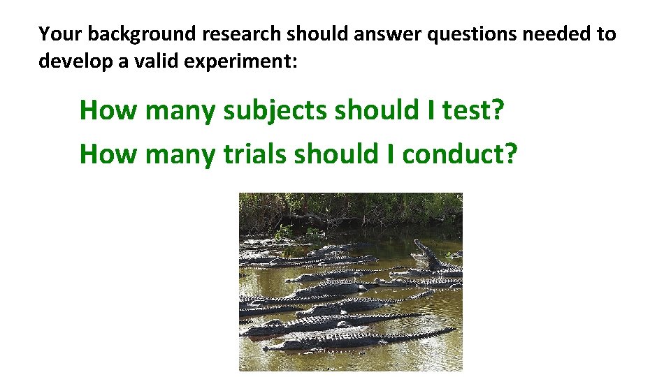 Your background research should answer questions needed to develop a valid experiment: How many