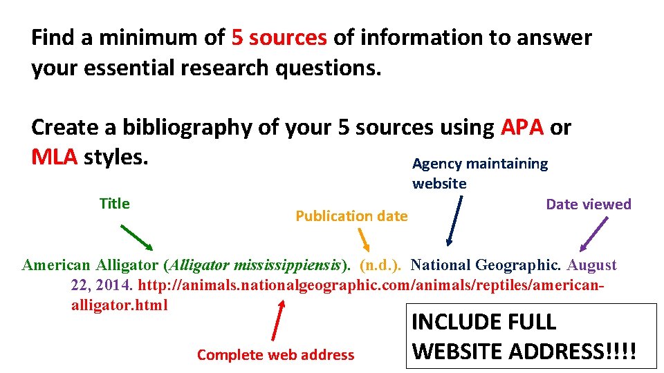 Find a minimum of 5 sources of information to answer your essential research questions.