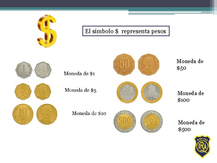 El símbolo $ representa pesos Moneda de $50 Moneda de $100 Moneda de $500