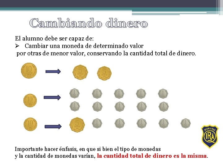 Cambiando dinero El alumno debe ser capaz de: Ø Cambiar una moneda de determinado