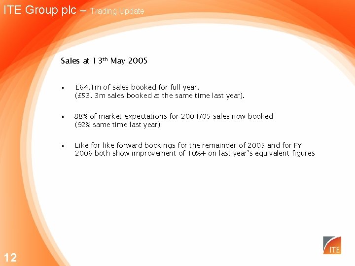 ITE Group plc – Trading Update Sales at 13 th May 2005 12 •