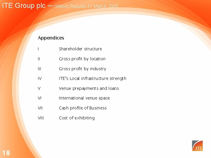 ITE Group plc – Interim Results 31 March 2005 Appendices 18 I Shareholder structure