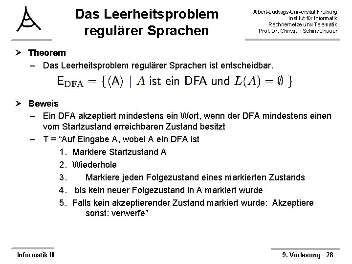 Das Leerheitsproblem regulärer Sprachen Albert-Ludwigs-Universität Freiburg Institut für Informatik Rechnernetze und Telematik Prof. Dr.