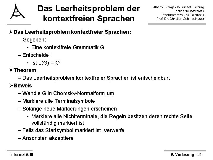 Das Leerheitsproblem der kontextfreien Sprachen Albert-Ludwigs-Universität Freiburg Institut für Informatik Rechnernetze und Telematik Prof.