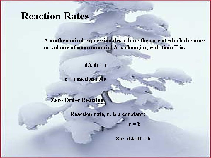 Reaction Rates A mathematical expression describing the rate at which the mass or volume