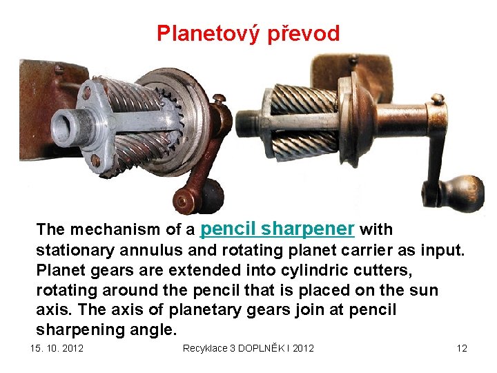 Planetový převod The mechanism of a pencil sharpener with stationary annulus and rotating planet