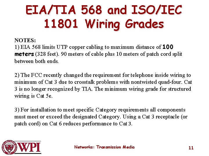 EIA/TIA 568 and ISO/IEC 11801 Wiring Grades NOTES: 1) EIA 568 limits UTP copper