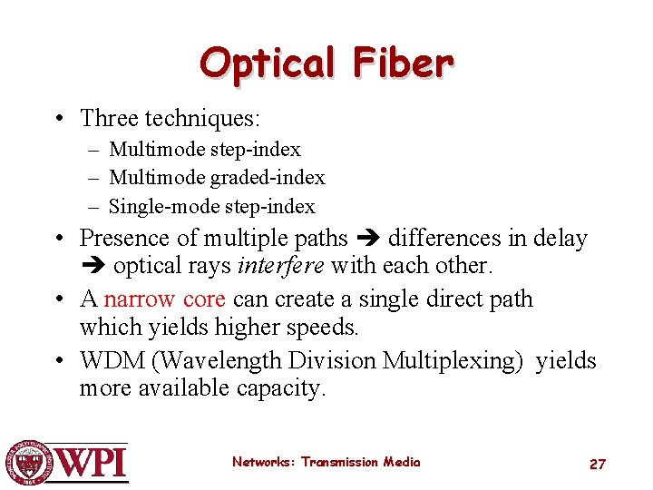 Optical Fiber • Three techniques: – Multimode step-index – Multimode graded-index – Single-mode step-index