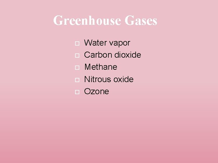 Greenhouse Gases Water vapor Carbon dioxide Methane Nitrous oxide Ozone 