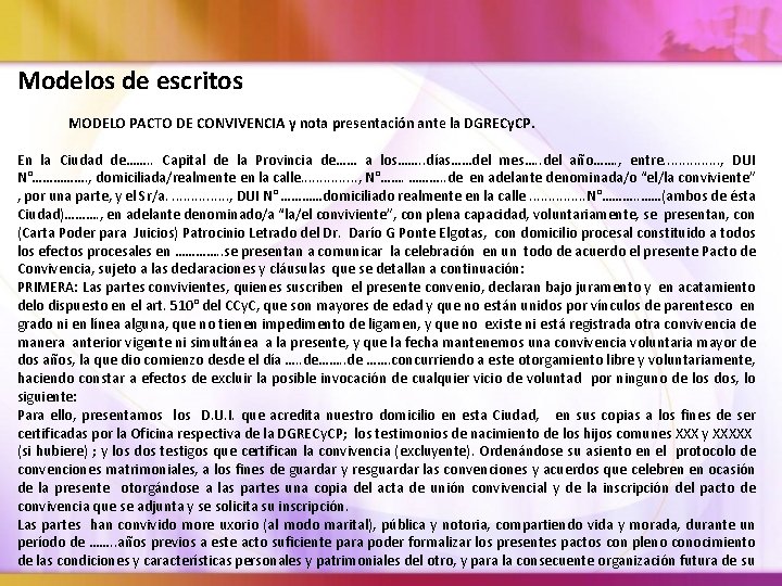 Modelos de escritos MODELO PACTO DE CONVIVENCIA y nota presentación ante la DGRECy. CP.