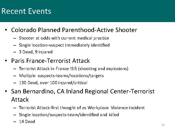 Recent Events • Colorado Planned Parenthood-Active Shooter – Shooter at odds with current medical